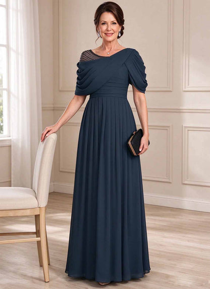 Floryme Dark Navy A-line Ruched Chiffon Mother of the Bride Dress
