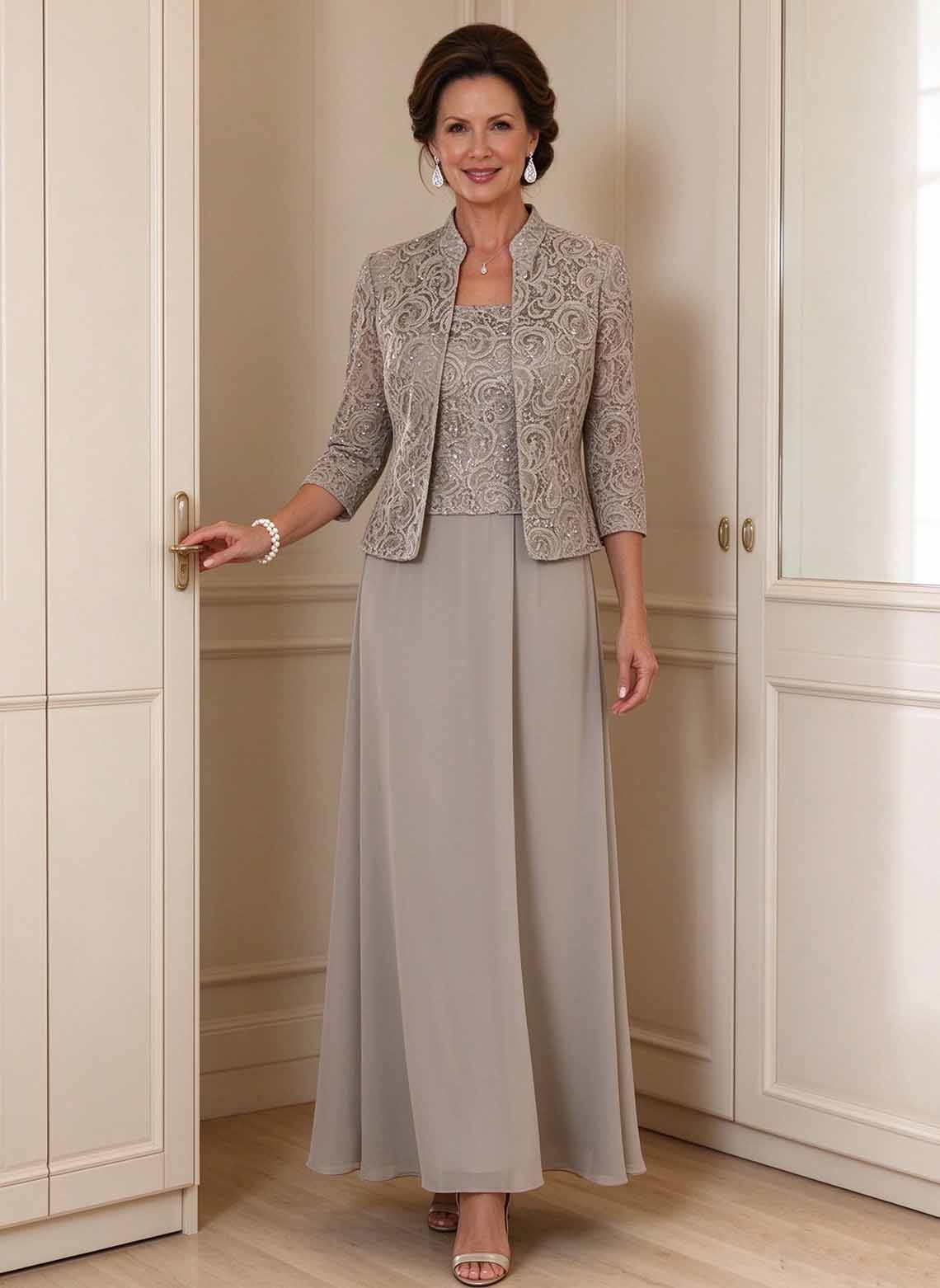 Floryme Taupe A-line Chiffon Lace Mother of the Bride Dress