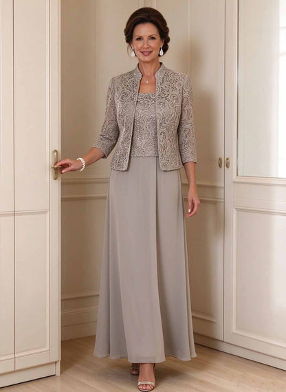 Floryme Taupe A-line Chiffon Lace Mother of the Bride Dress