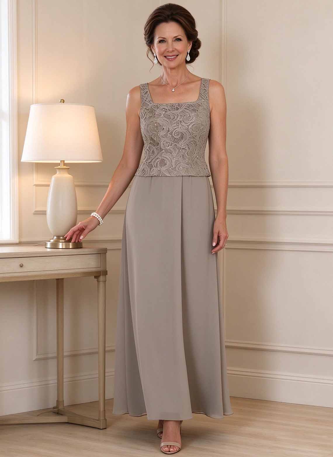 Floryme Taupe A-line Chiffon Lace Mother of the Bride Dress
