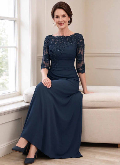 Floryme Dark Navy A-line Chiffon Lace Mother of the Bride Dress