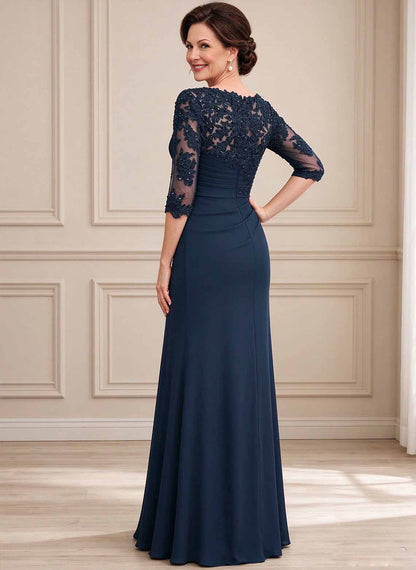 Floryme Dark Navy A-line Chiffon Lace Mother of the Bride Dress