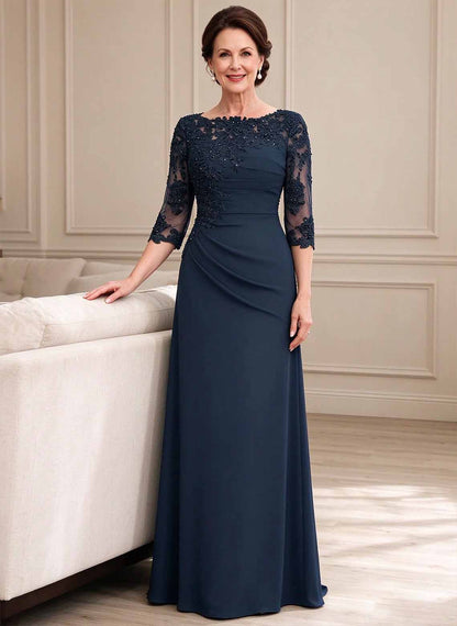 Floryme Dark Navy A-line Chiffon Lace Mother of the Bride Dress