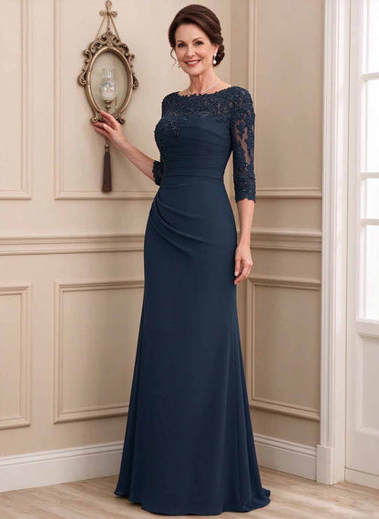 Floryme Dark Navy A-line Chiffon Lace Mother of the Bride Dress