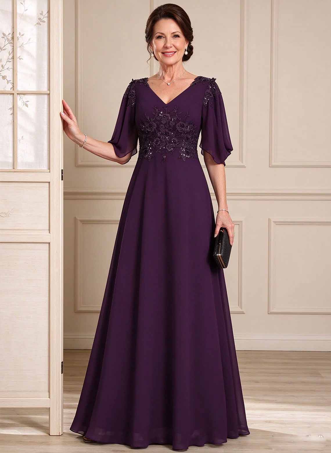 Floryme Grape A-line V-Neck Sequins Lace Mother of the Bride Dress
