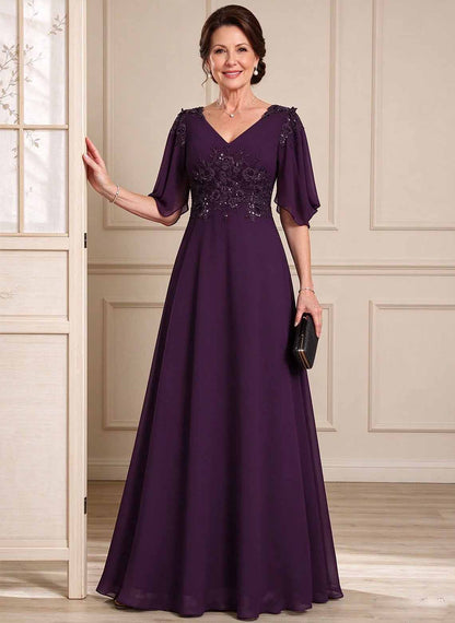 Floryme Grape A-line V-Neck Sequins Lace Mother of the Bride Dress
