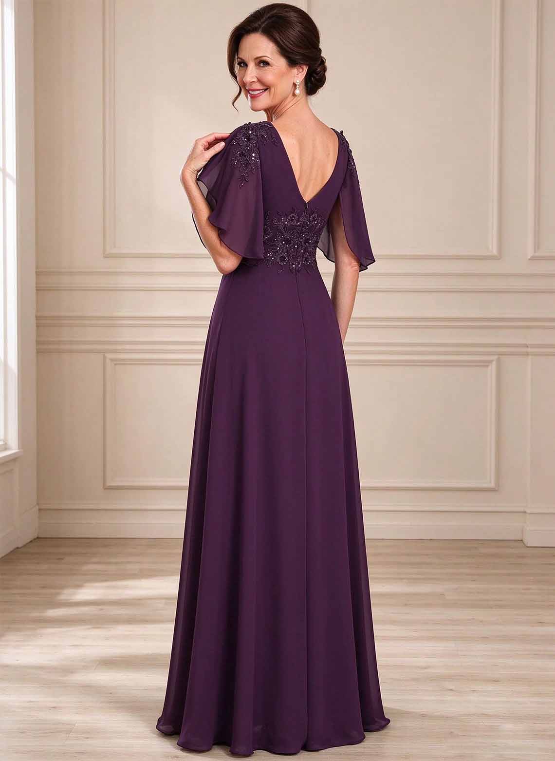 Floryme Grape A-line V-Neck Sequins Lace Mother of the Bride Dress