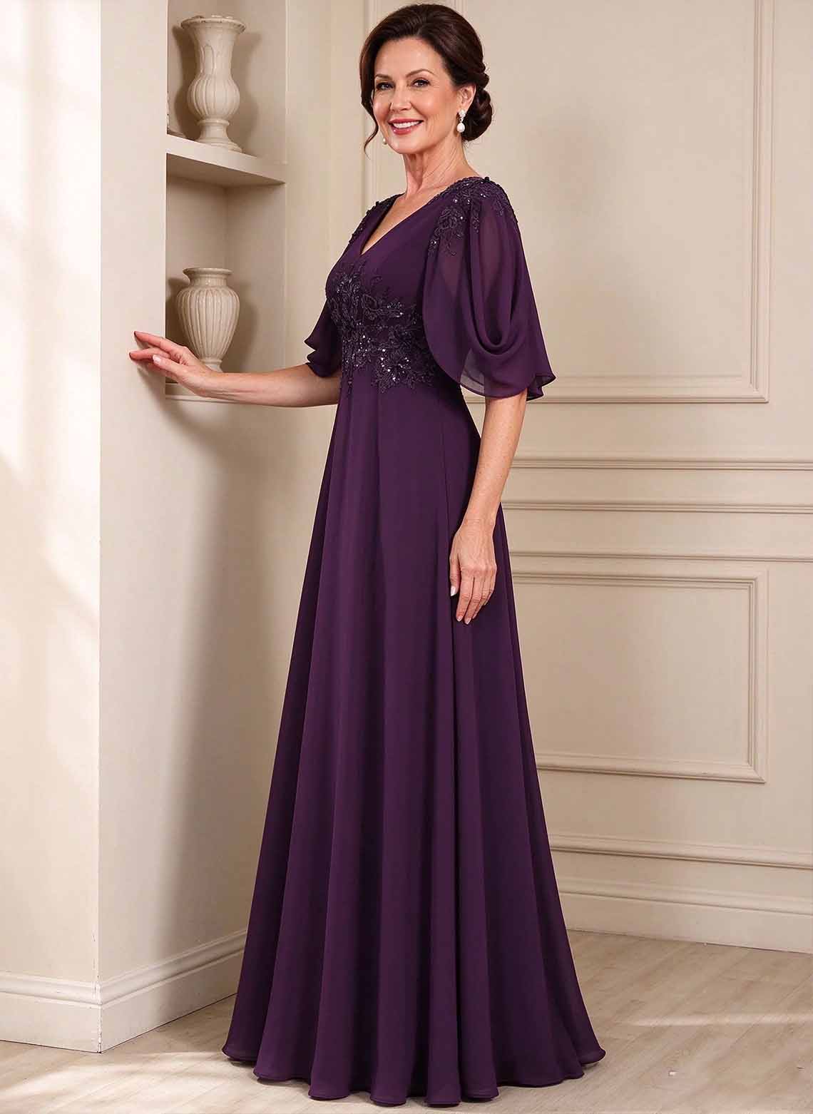 Floryme Grape A-line V-Neck Sequins Lace Mother of the Bride Dress
