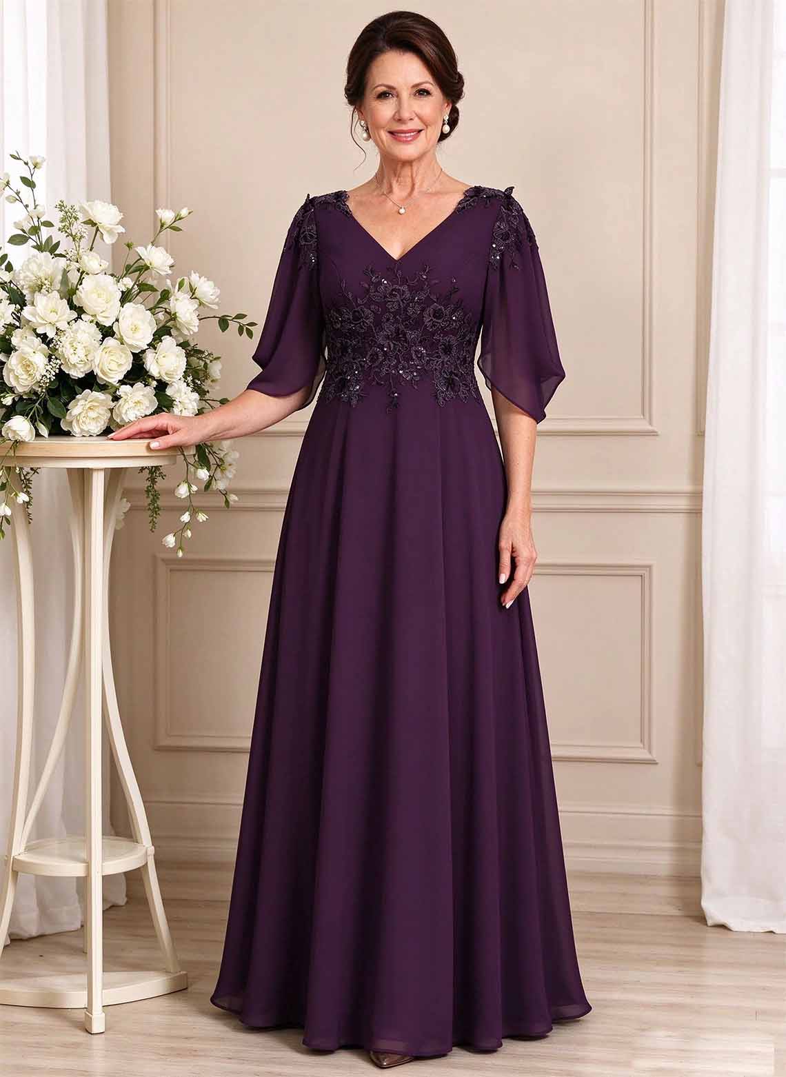 Floryme Grape A-line V-Neck Sequins Lace Mother of the Bride Dress