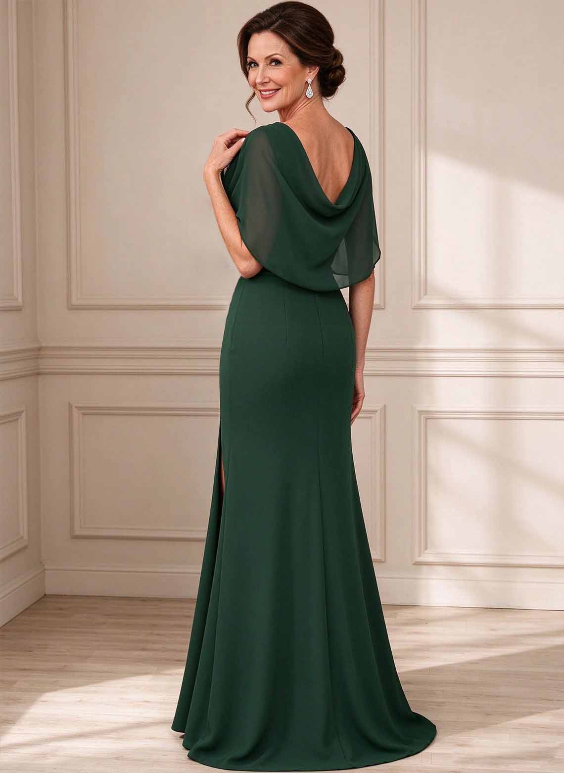 Floryme Hunter Green Sheath/Column V-Neck Pleated Chiffon Mother of the Bride Dress
