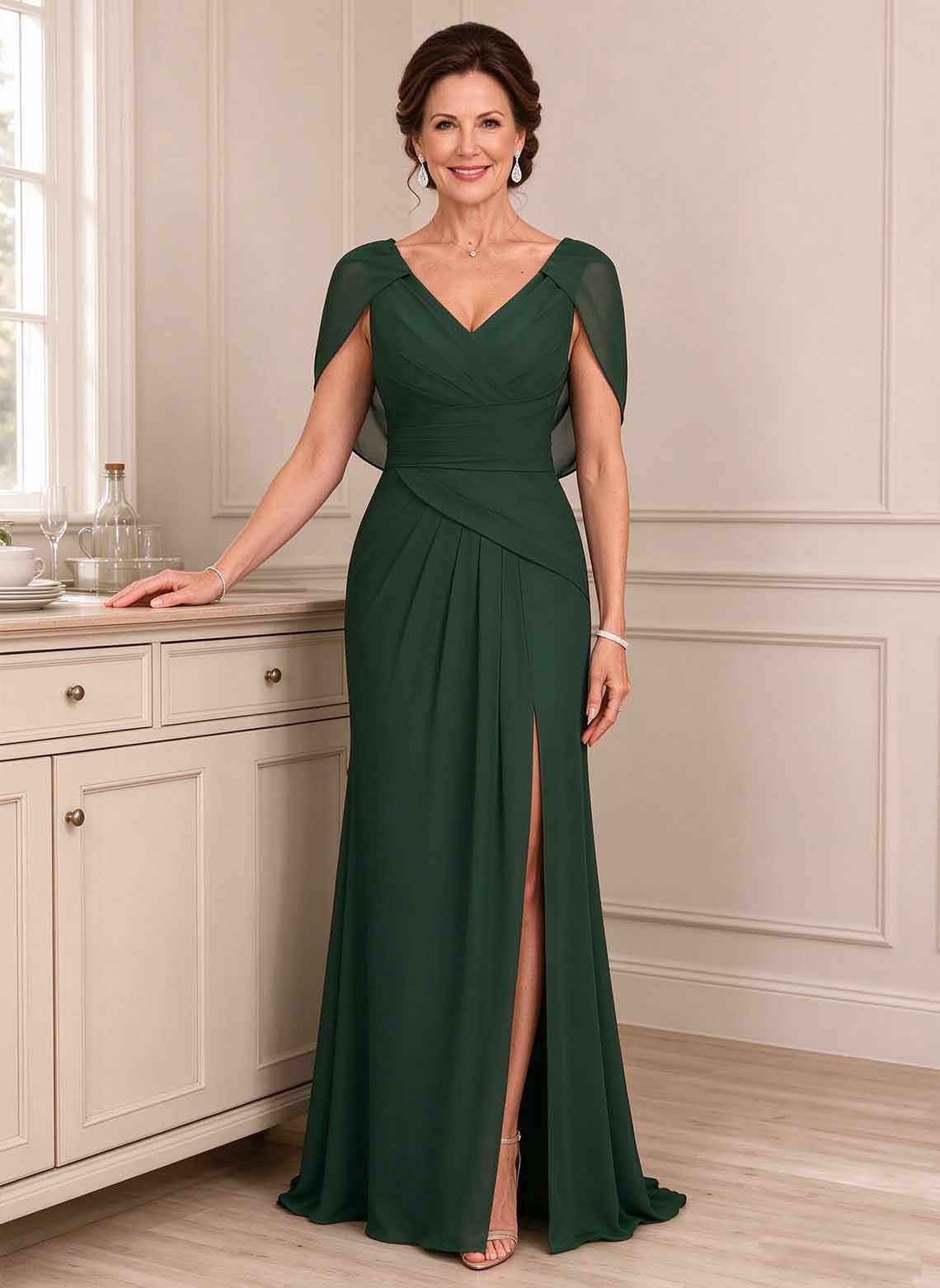 Floryme Hunter Green Sheath/Column V-Neck Pleated Chiffon Mother of the Bride Dress