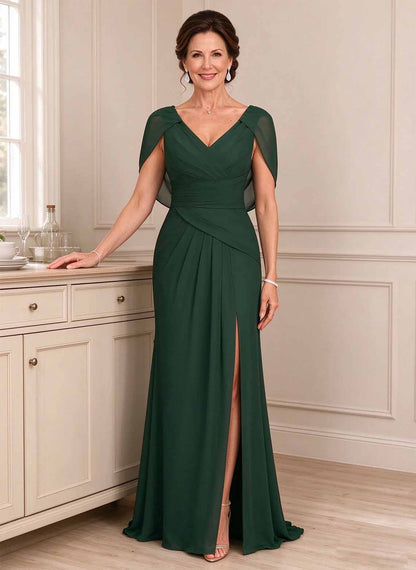 Floryme Hunter Green Sheath/Column V-Neck Pleated Chiffon Mother of the Bride Dress