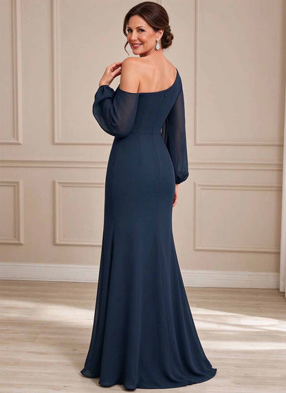 Floryme Dark Navy Trumpet/Mermaid One Shoulder Pleated Chiffon Mother of the Bride Dress