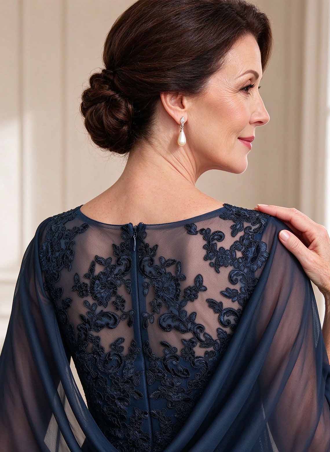 Floryme Dark Navy A-line V-Neck Mesh Mother of the Bride Dress