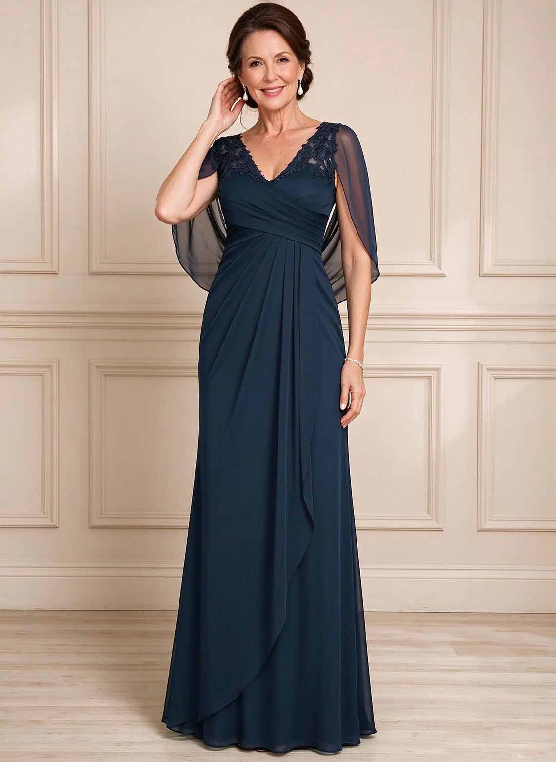 Floryme Dark Navy A-line V-Neck Mesh Mother of the Bride Dress