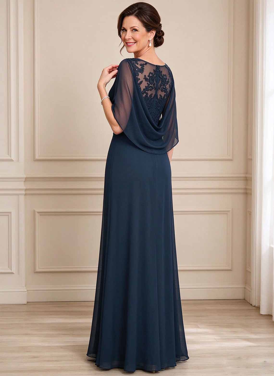 Floryme Dark Navy A-line V-Neck Mesh Mother of the Bride Dress