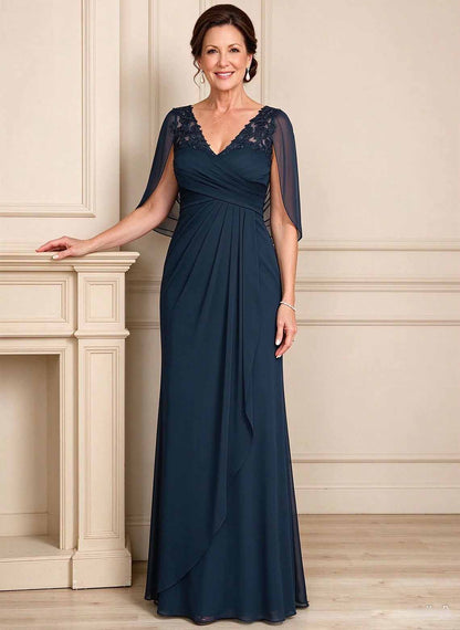 Floryme Dark Navy A-line V-Neck Mesh Mother of the Bride Dress