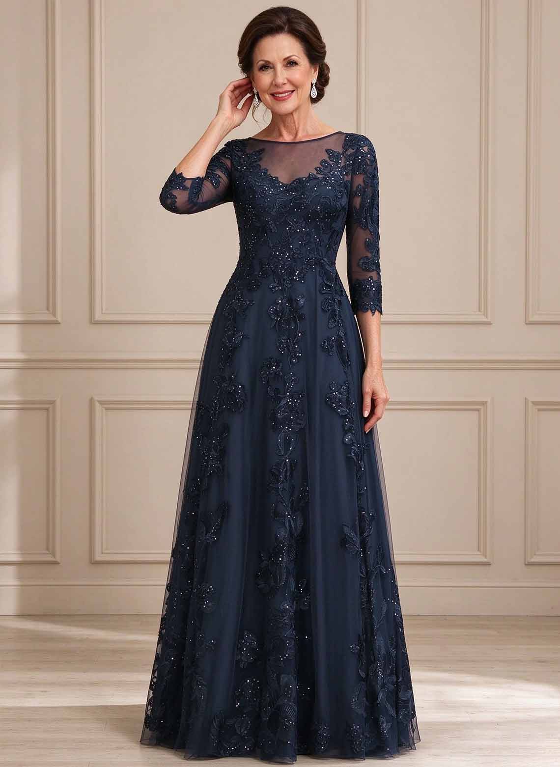 Floryme Dark Navy A-line Sequins Tulle Mother of the Bride Dress
