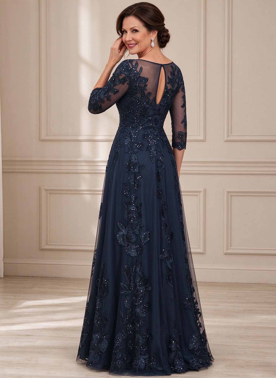 Floryme Dark Navy A-line Sequins Tulle Mother of the Bride Dress