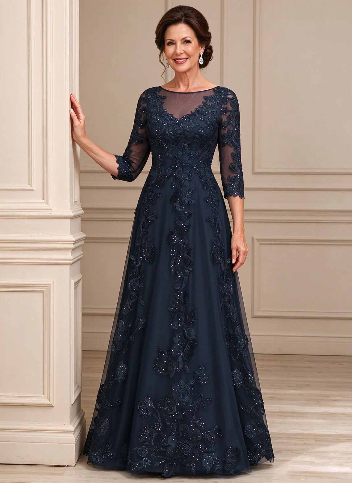 Floryme Dark Navy A-line Sequins Tulle Mother of the Bride Dress