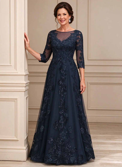 Floryme Dark Navy A-line Sequins Tulle Mother of the Bride Dress