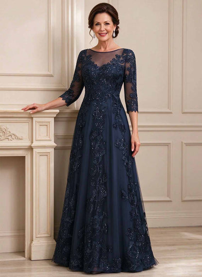 Floryme Dark Navy A-line Sequins Tulle Mother of the Bride Dress