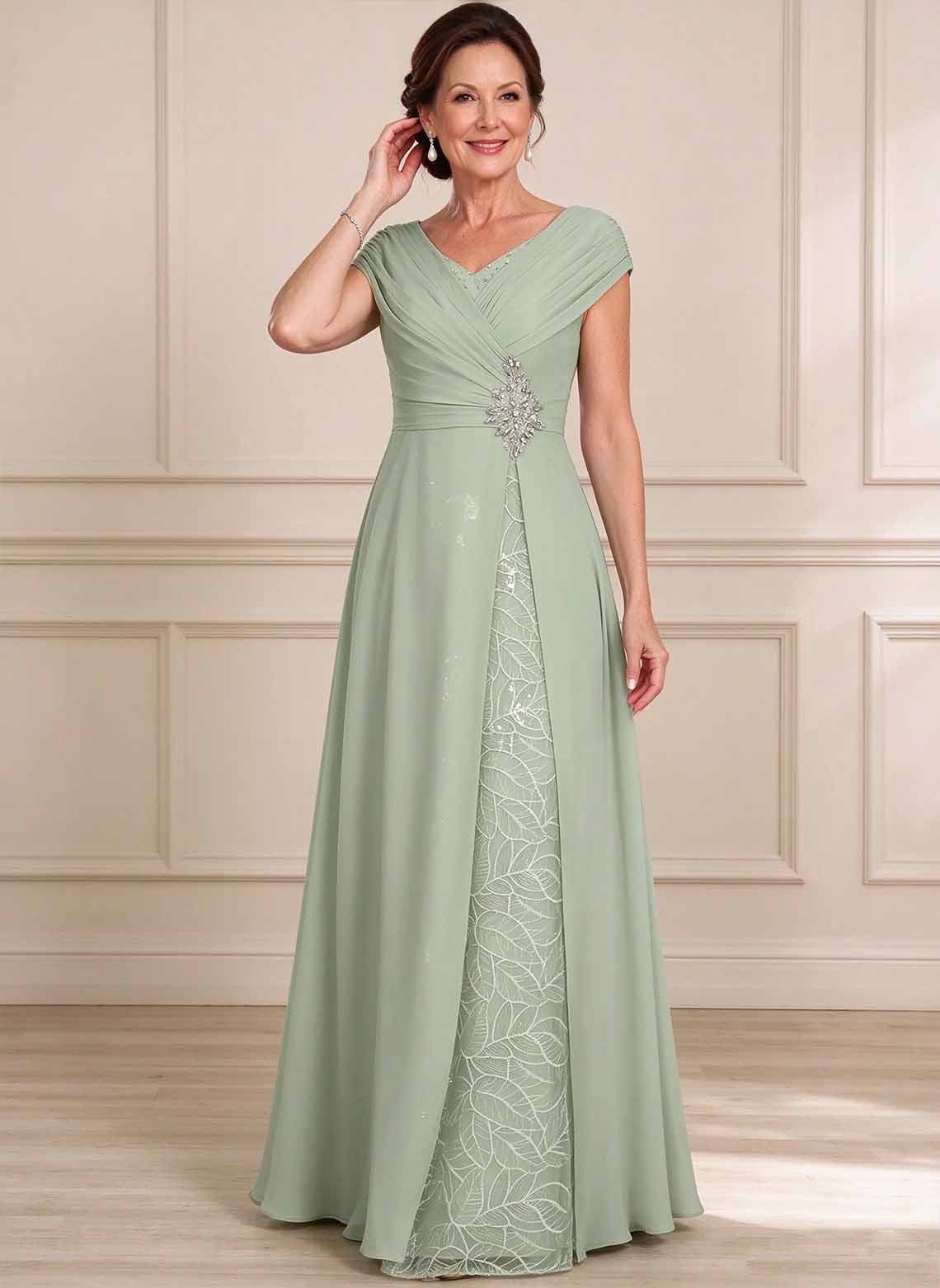 Floryme Celadon A-line V-Neck Sequins Lace Mother of the Bride Dress