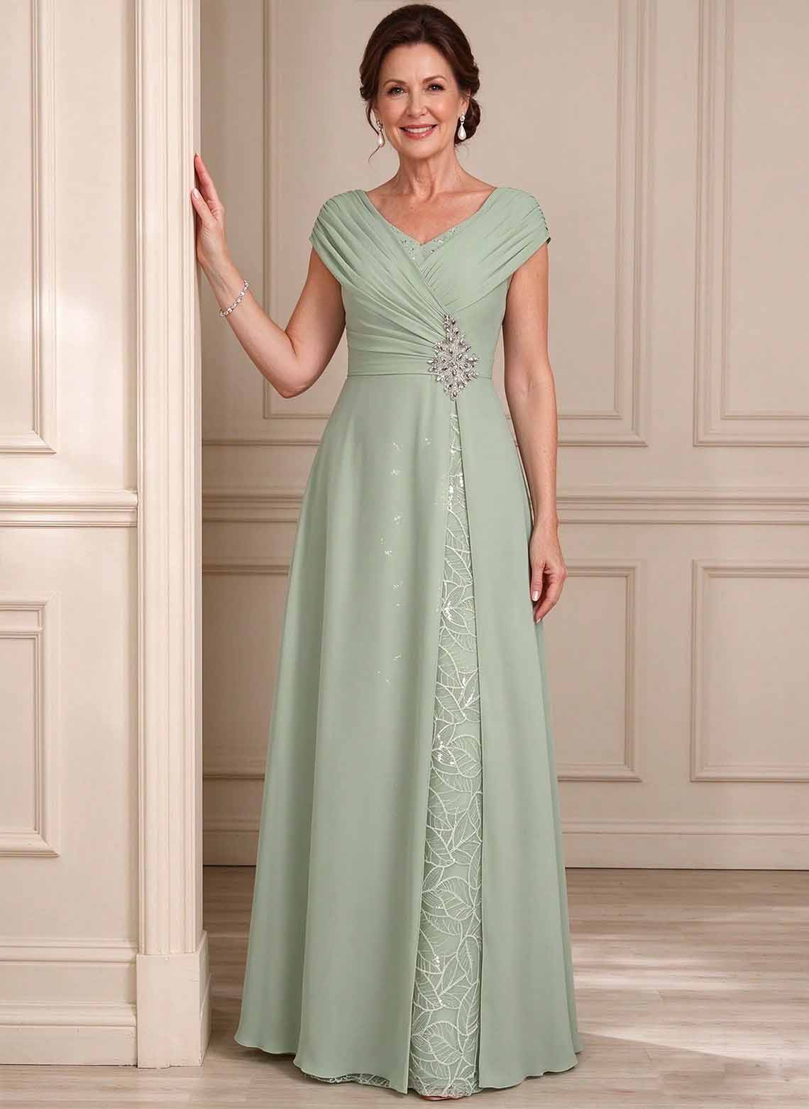Floryme Celadon A-line V-Neck Sequins Lace Mother of the Bride Dress