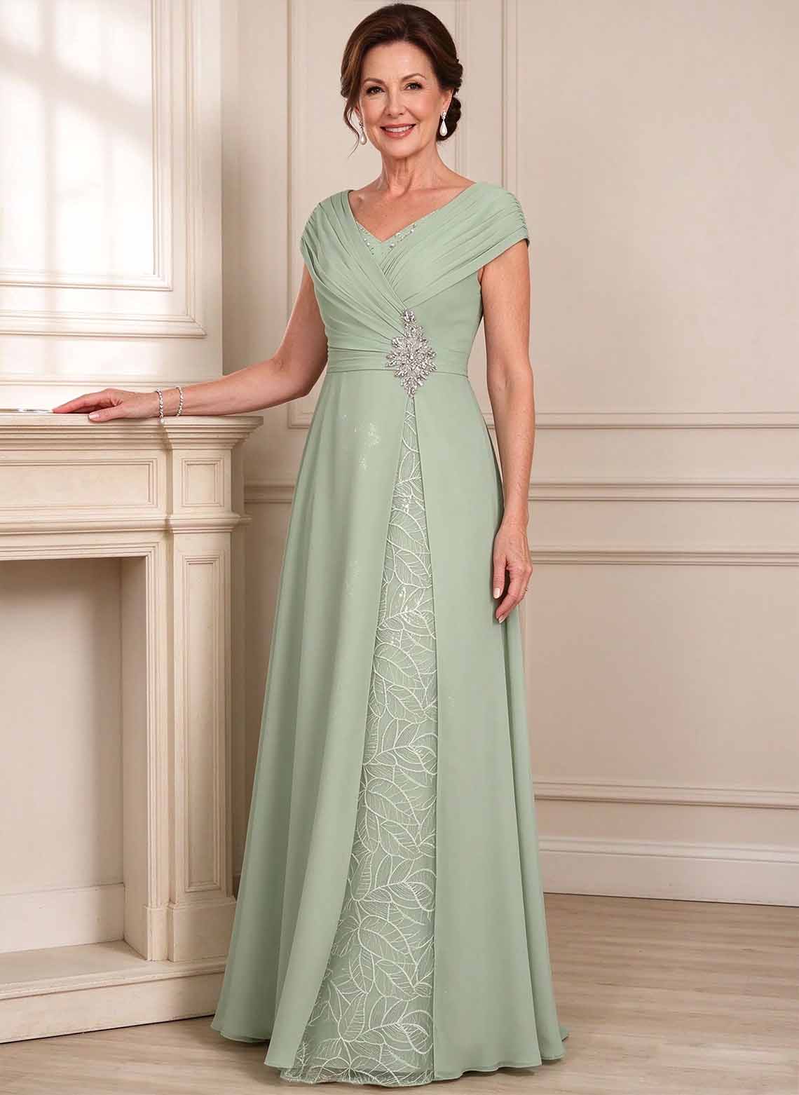 Floryme Celadon A-line V-Neck Sequins Lace Mother of the Bride Dress