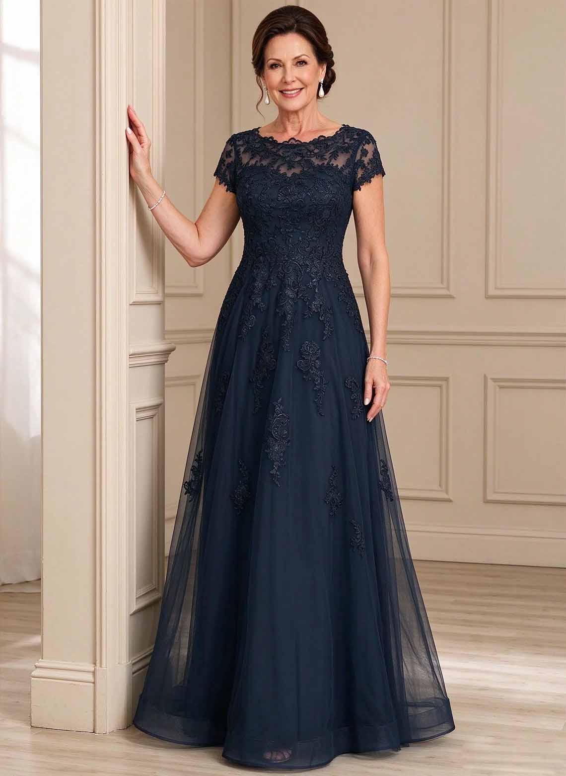 Floryme Dark Navy A-line Tulle Mother of the Bride Dress
