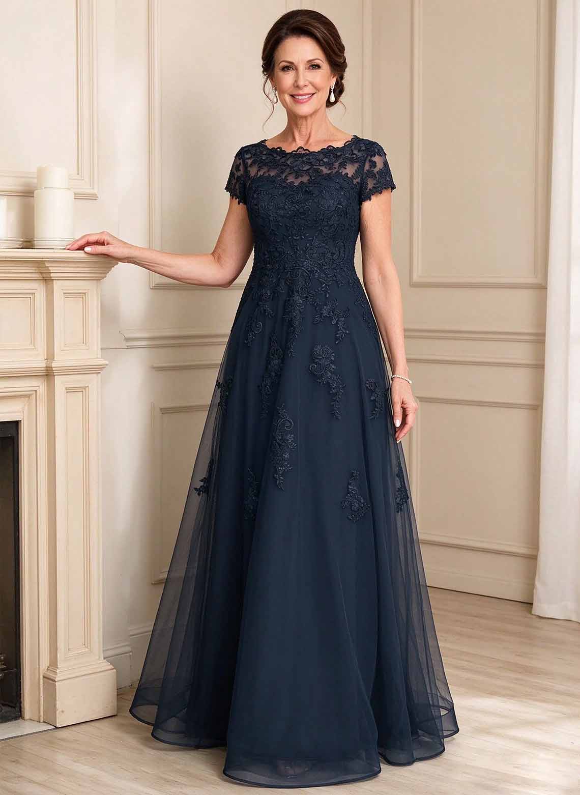 Floryme Dark Navy A-line Tulle Mother of the Bride Dress