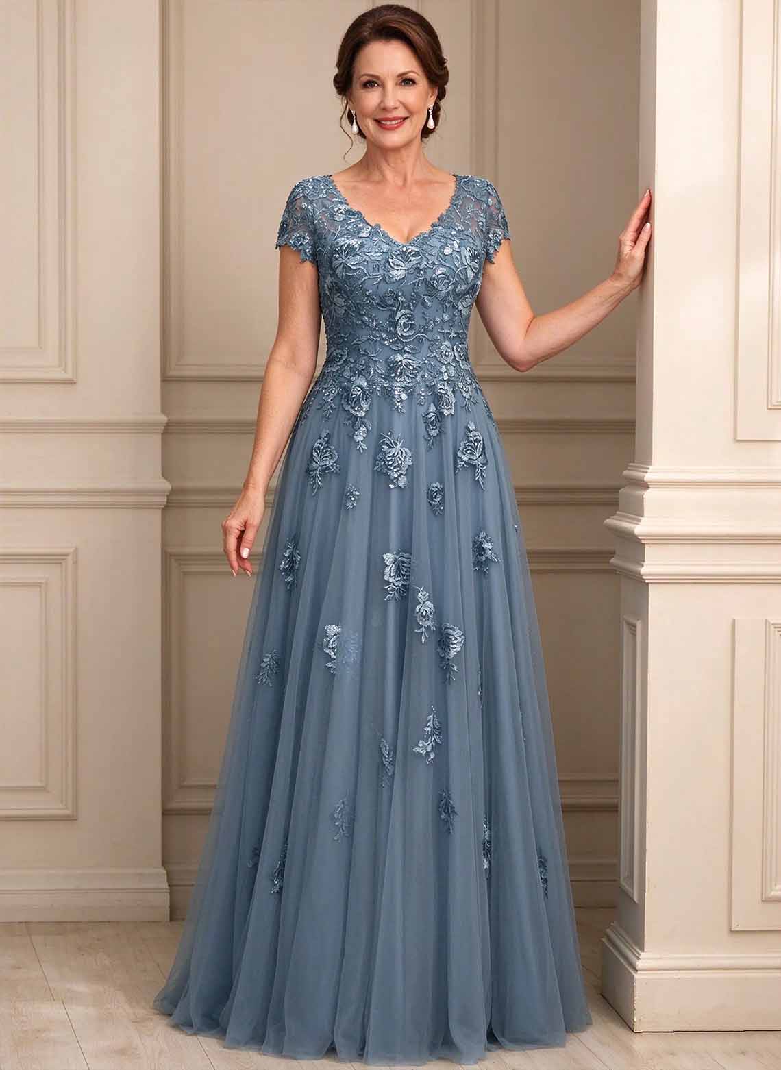 Floryme A-line V-Neck Sequins Tulle Mother of the Bride Dress