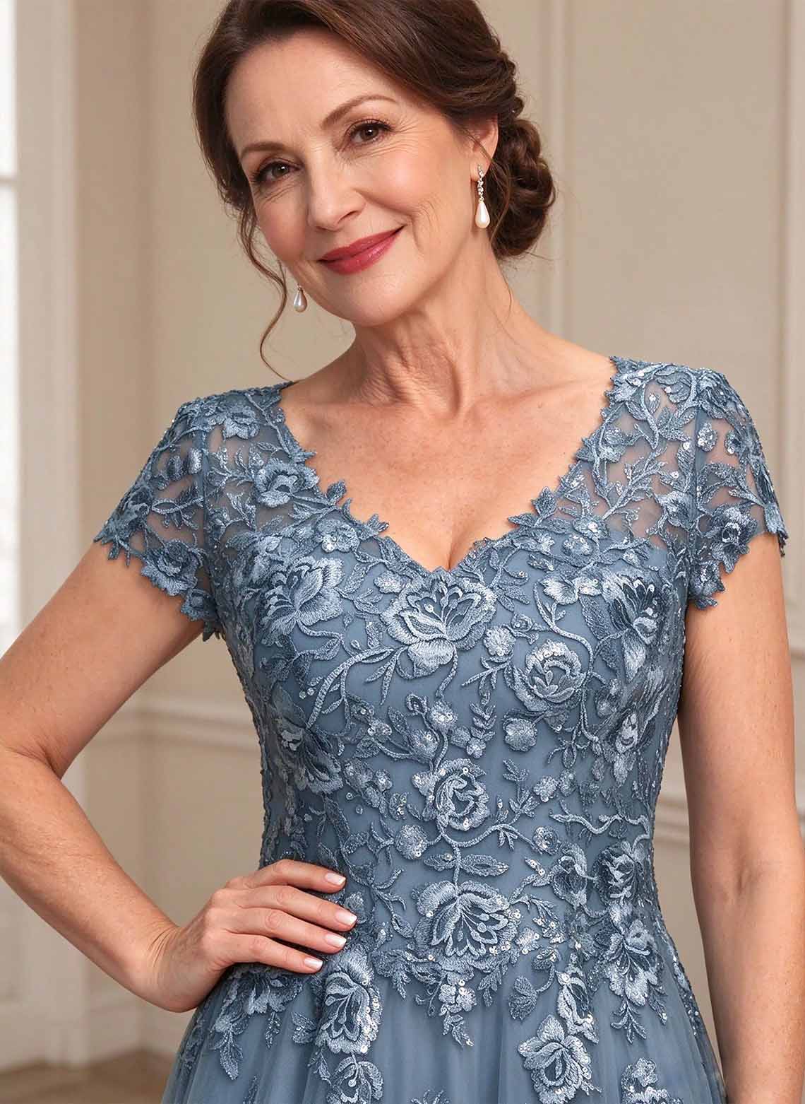 Floryme A-line V-Neck Sequins Tulle Mother of the Bride Dress