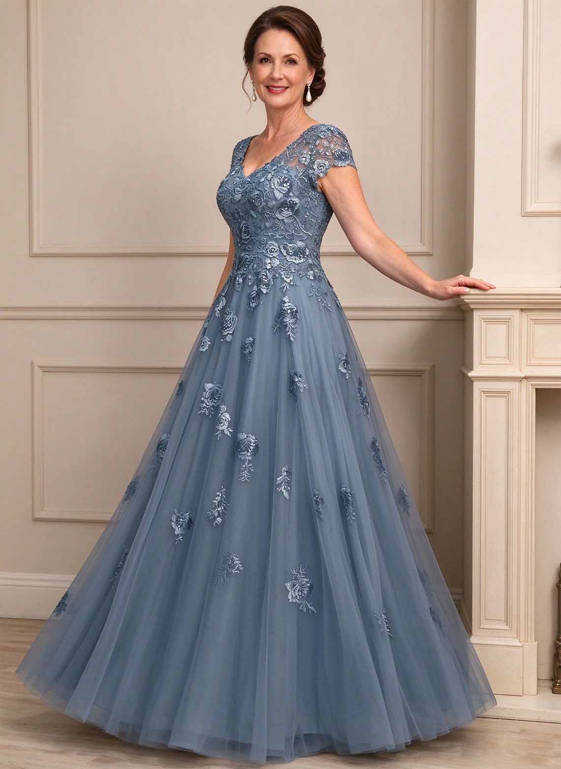 Floryme A-line V-Neck Sequins Tulle Mother of the Bride Dress