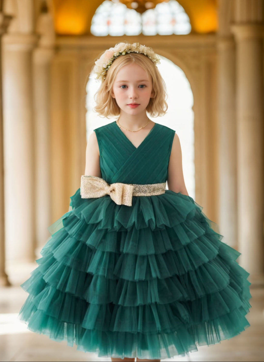 Floryme Ball-Gown/Princess Tulle Knee-length Flower Girl Dress With Gold Bow
