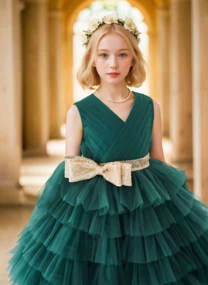 Floryme Ball-Gown/Princess Tulle Knee-length Flower Girl Dress With Gold Bow