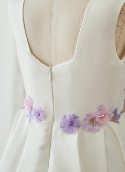 Floryme A-line Square Neck Satin Tea-Length Flower Girl Dress