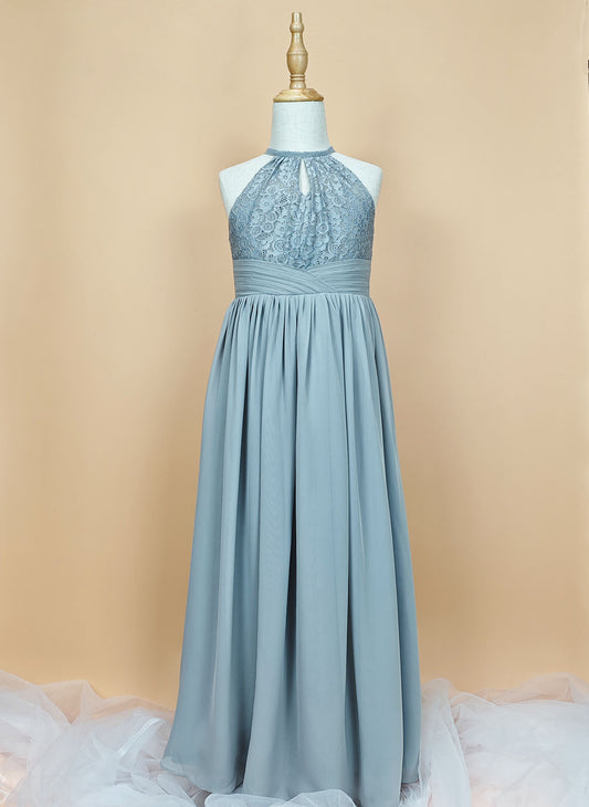 Floryme A-line Chiffon Lace Halter Floor Length Junior Bridesmaid Dress