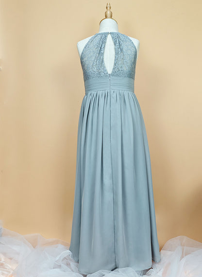 Floryme A-line Chiffon Lace Halter Floor Length Junior Bridesmaid Dress