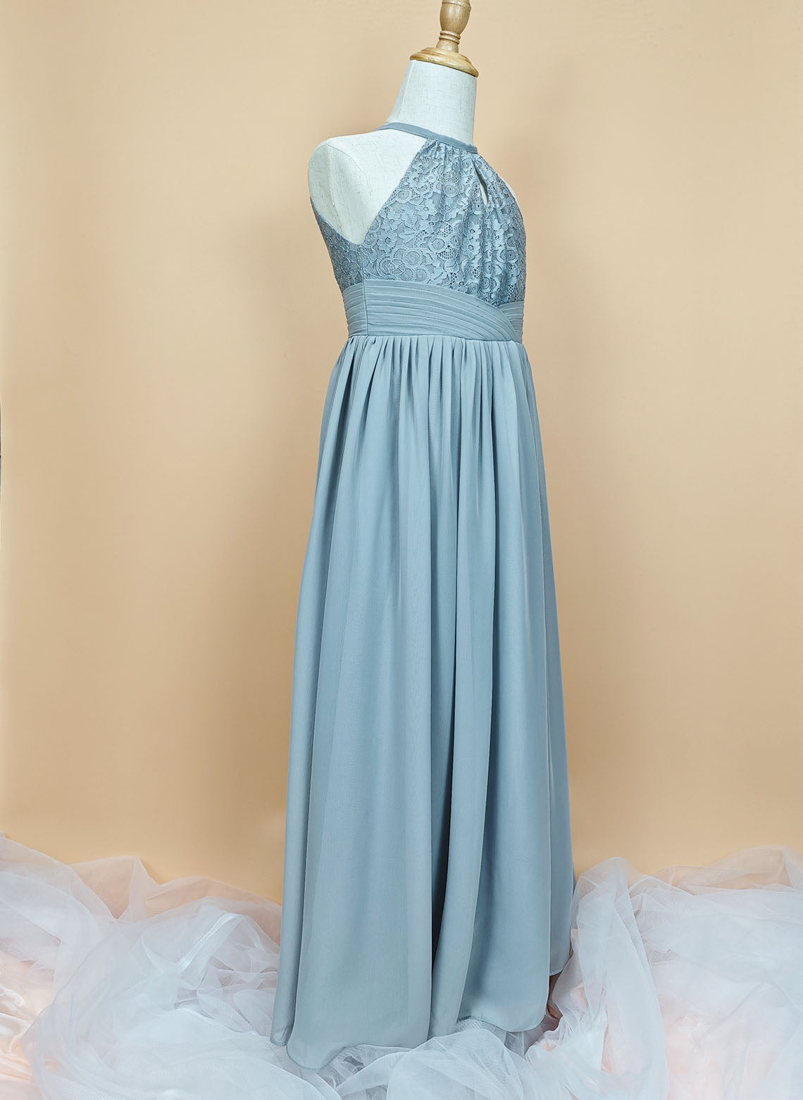 Floryme A-line Chiffon Lace Halter Floor Length Junior Bridesmaid Dress