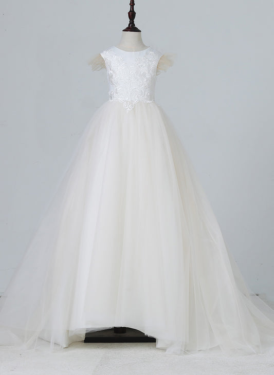 Floryme A-Line Satin Tulle Lace Court Train Flower Girl Dress