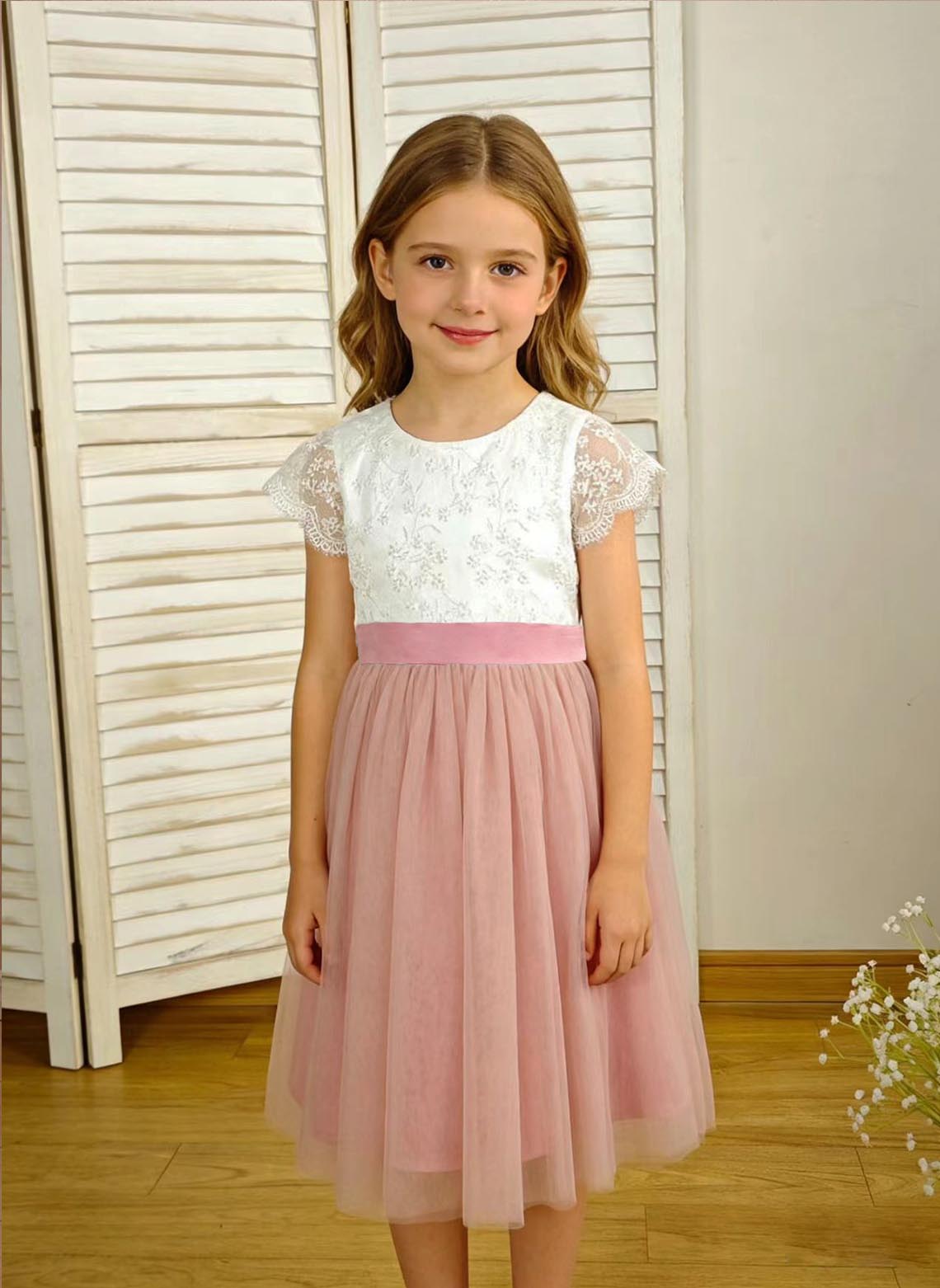 Floryme A-line Scoop Lace/Tulle Tea-Length Flower Girl Dress With Bow