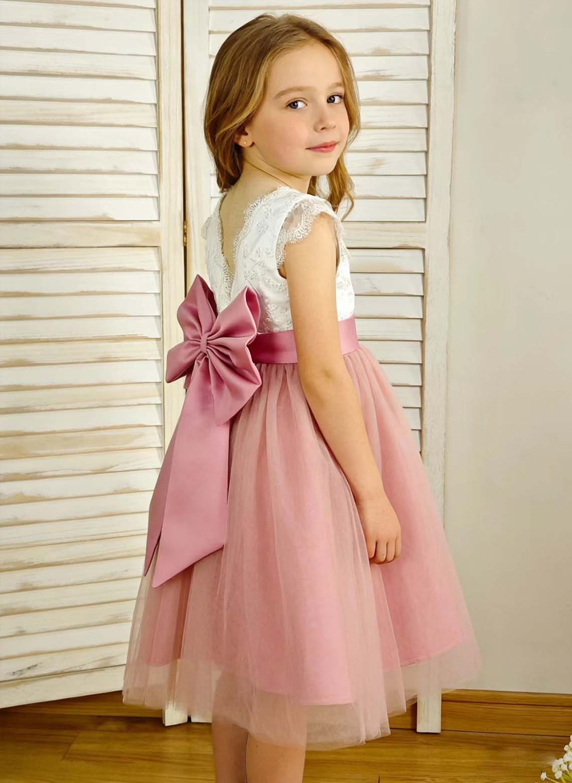Floryme A-line Scoop Lace/Tulle Tea-Length Flower Girl Dress With Bow