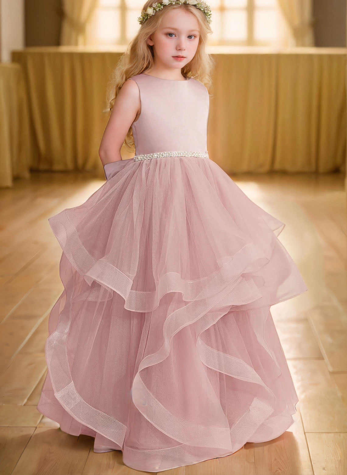 Ball-Gown/Princess Scoop Satin Tulle Floor-length Flower Girl Dress With Beading/Bow