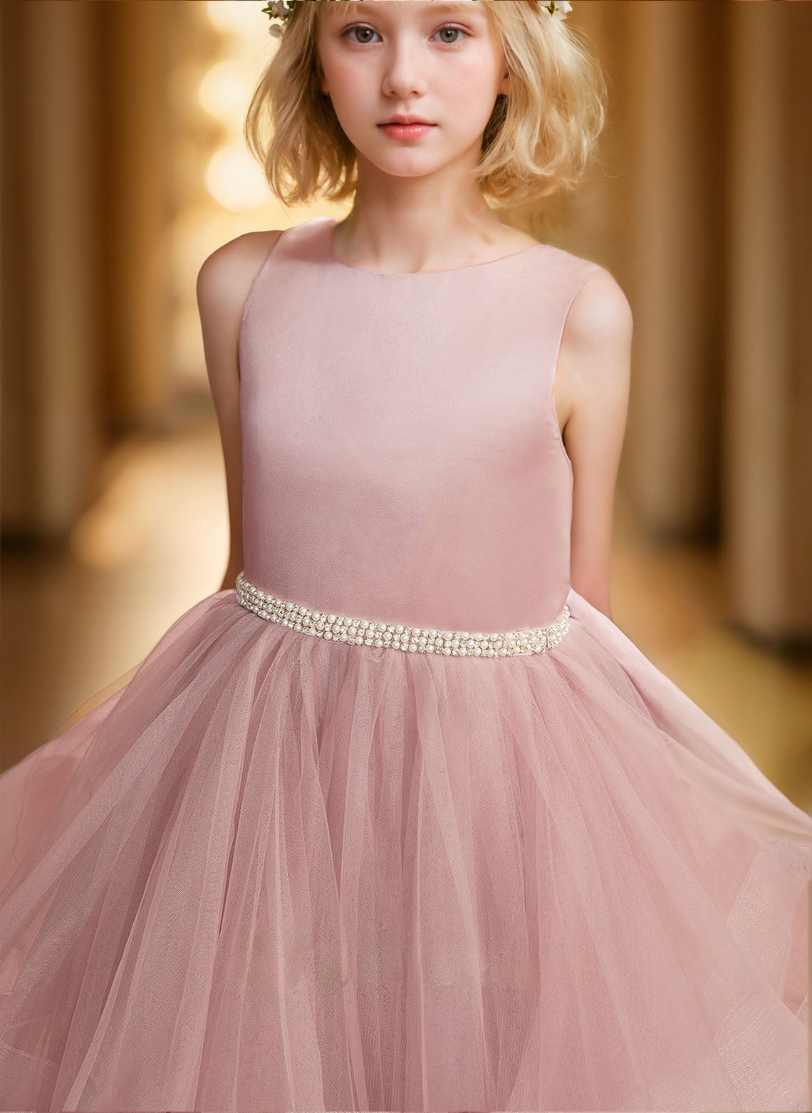 Ball-Gown/Princess Scoop Satin Tulle Floor-length Flower Girl Dress With Beading/Bow
