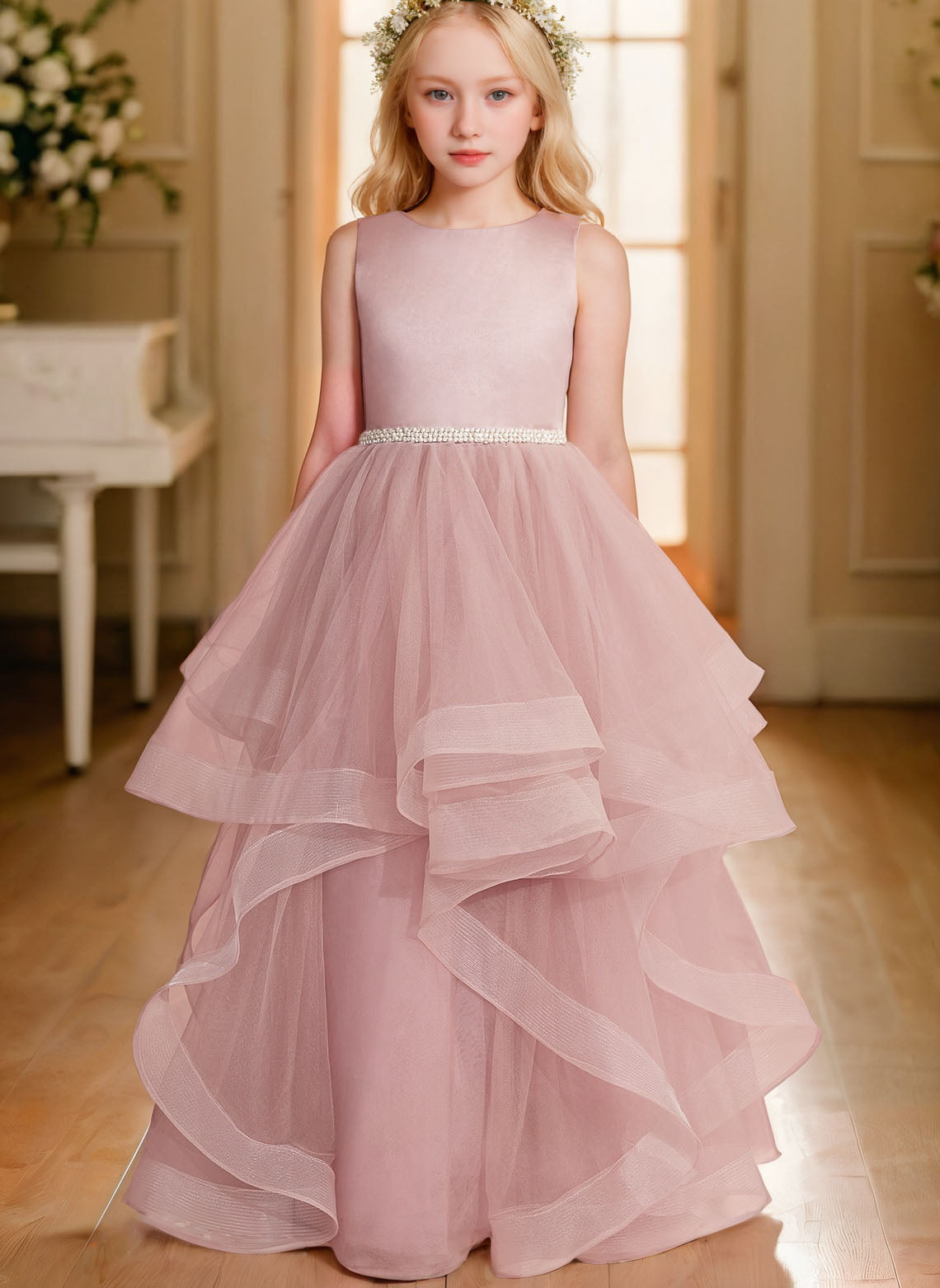 Ball-Gown/Princess Scoop Satin Tulle Floor-length Flower Girl Dress With Beading/Bow