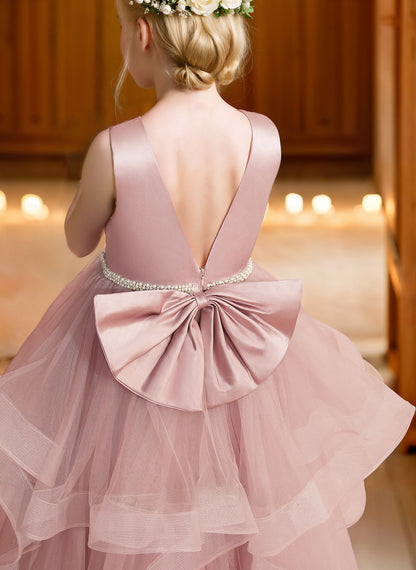 Ball-Gown/Princess Scoop Satin Tulle Floor-length Flower Girl Dress With Beading/Bow