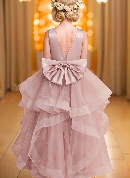 Ball-Gown/Princess Scoop Satin Tulle Floor-length Flower Girl Dress With Beading/Bow