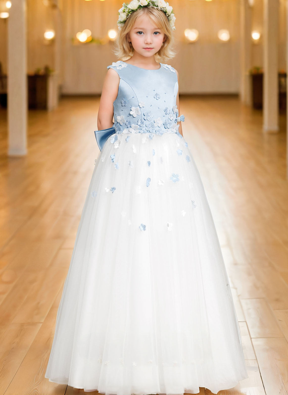 Ball-Gown/Princess Scoop Floor-Length Satin/Tulle Flower Girl Dress With Bow/Beading/3D Floral