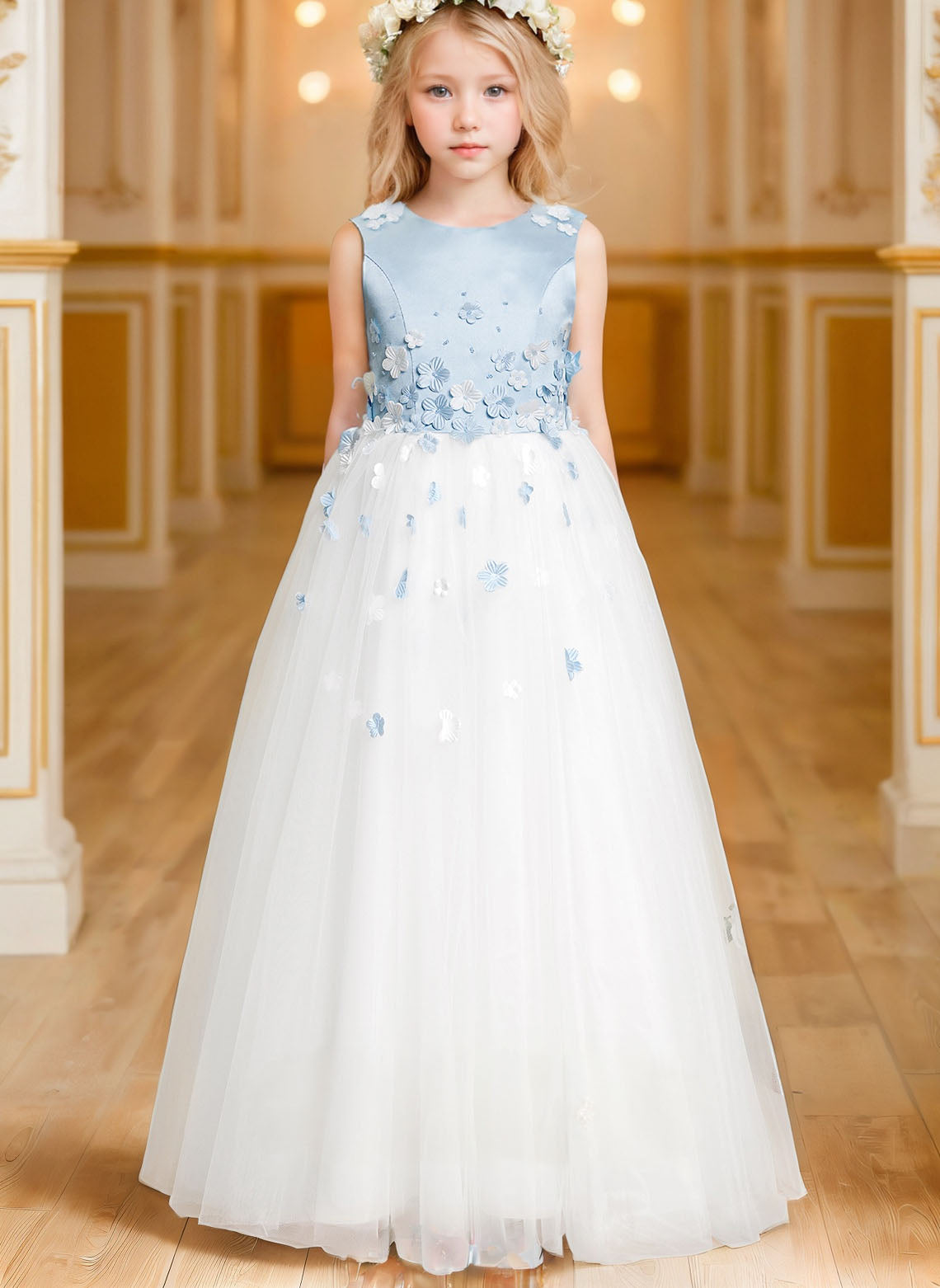 Ball-Gown/Princess Scoop Floor-Length Satin/Tulle Flower Girl Dress With Bow/Beading/3D Floral